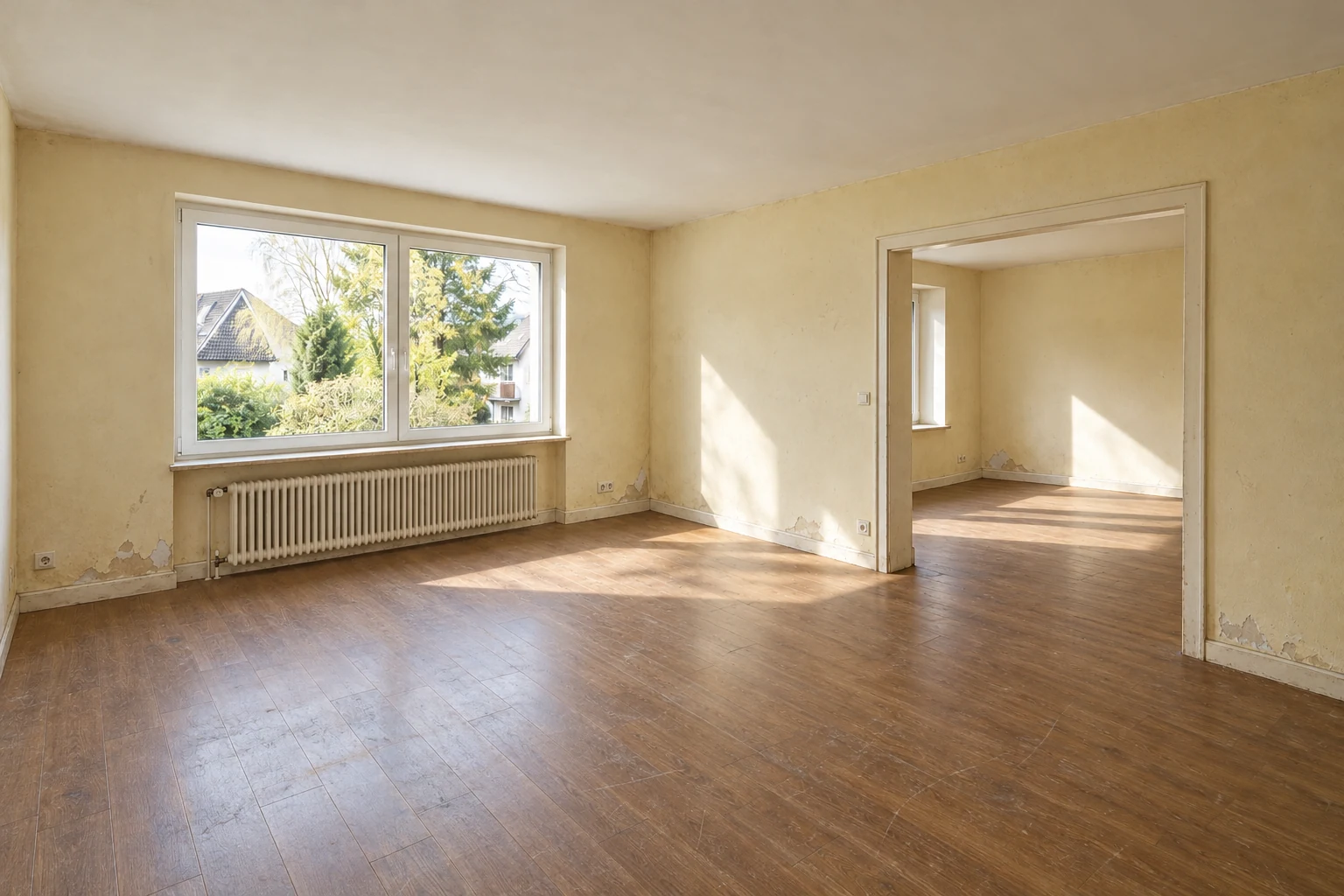Derselbe Beispielraum vor der Renovierung mit abgenutztem Boden und alten Wandflächen